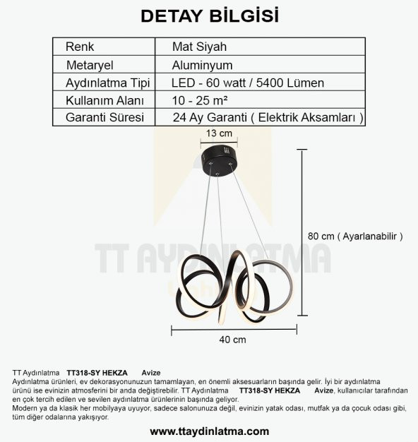 TT Aydınlatma TT318-SY  Hekza Modeli Mat Siyah Led Avize - 4