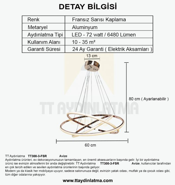 TT Aydınlatma TT300-3 FSR  Halka 3 lü Fransız Sarısı Kaplama Led Avize - 5