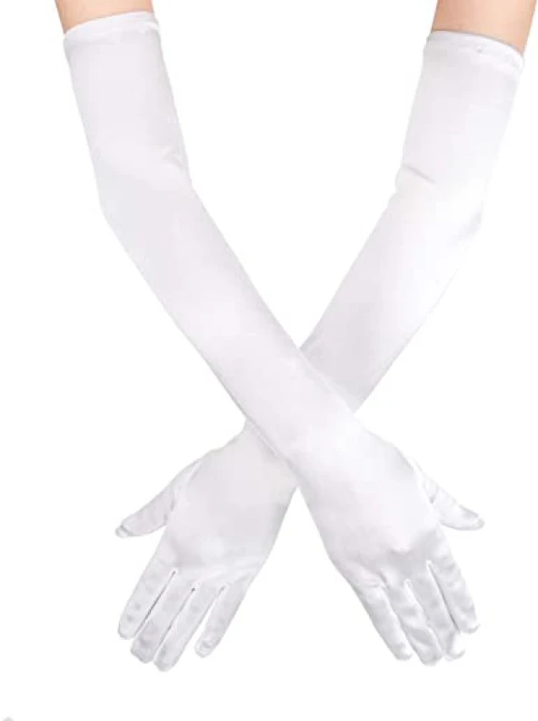 nefertiya Beyaz Renk Dirseğe Kadar Uzun Kumaş Eldiven 40 cm