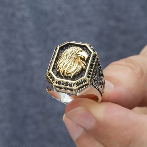 Kartal Başı Motifli 925 Gümüş Erkek Yüzük - Resim 8