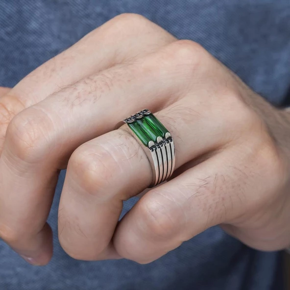 3 Sıra Baget Taşlı Yeşil Taşlı 925 Gümüş Erkek Yüzük - Resim 10