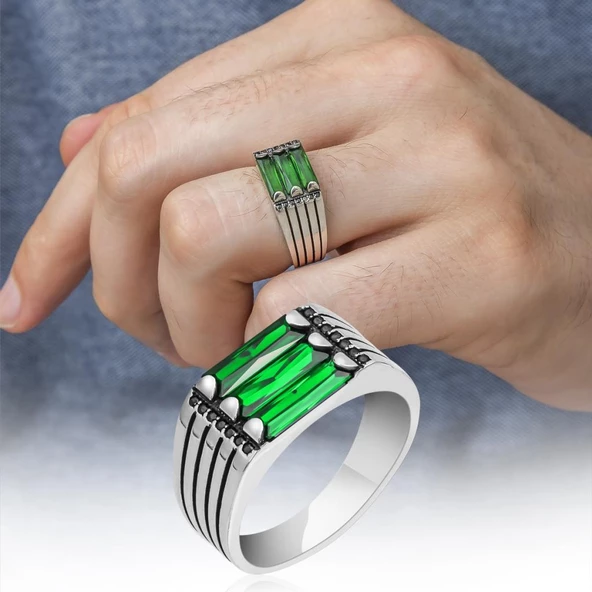 3 Sıra Baget Taşlı Yeşil Taşlı 925 Gümüş Erkek Yüzük ürün görseli 1