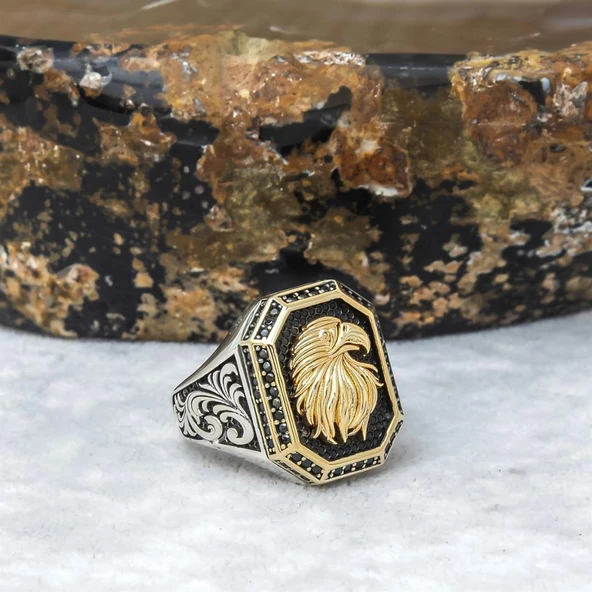 Kartal Başı Motifli 925 Gümüş Erkek Yüzük - Resim 11