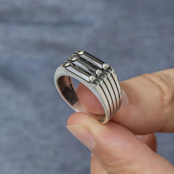 3 Sıra Baget Taşlı Siyah Taşlı 925 Gümüş Erkek - Resim 4