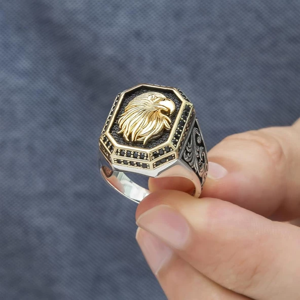 Kartal Başı Motifli 925 Gümüş Erkek Yüzük - Resim 7