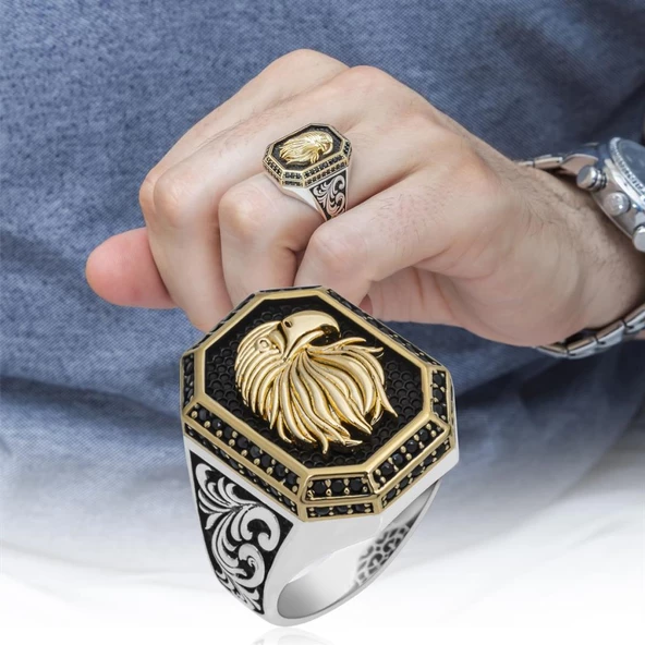 Kartal Başı Motifli 925 Gümüş Erkek Yüzük - Resim 12