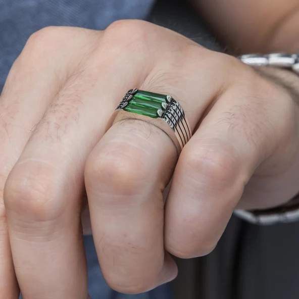 3 Sıra Baget Taşlı Yeşil Taşlı 925 Gümüş Erkek Yüzük - Resim 5