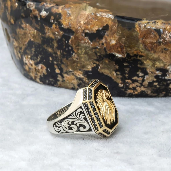 Kartal Başı Motifli 925 Gümüş Erkek Yüzük - Resim 9