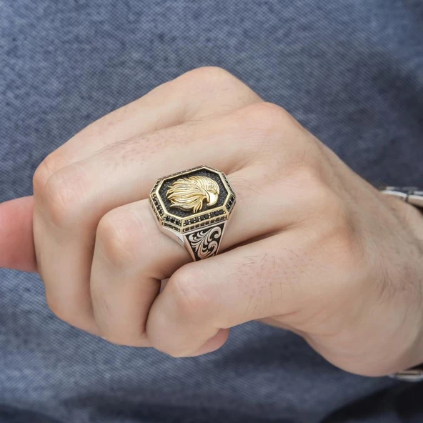 Kartal Başı Motifli 925 Gümüş Erkek Yüzük - Resim 3