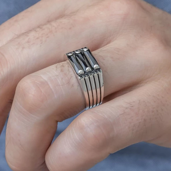 3 Sıra Baget Taşlı Siyah Taşlı 925 Gümüş Erkek - Resim 8