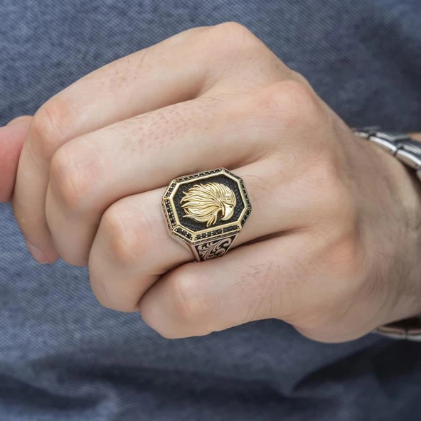 Kartal Başı Motifli 925 Gümüş Erkek Yüzük - Resim 4