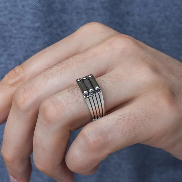 3 Sıra Baget Taşlı Siyah Taşlı 925 Gümüş Erkek - Resim 6