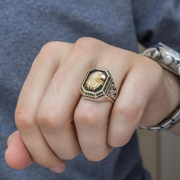 Kartal Başı Motifli 925 Gümüş Erkek Yüzük - Resim 5