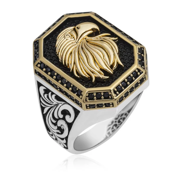 Kartal Başı Motifli 925 Gümüş Erkek Yüzük - Resim 2