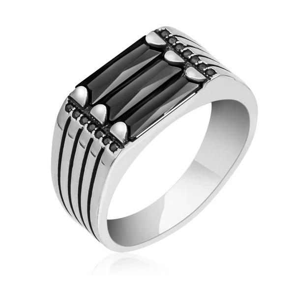 3 Sıra Baget Taşlı Siyah Taşlı 925 Gümüş Erkek - Resim 2