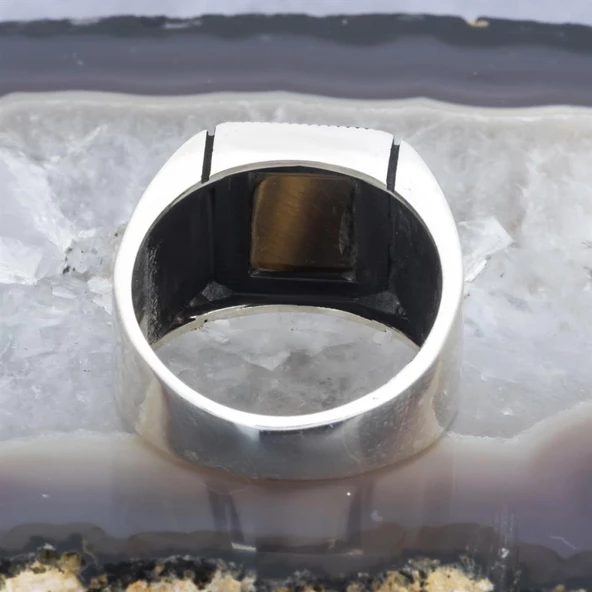 Kare Kaplan Gözü Taşlı 925 Gümüş Erkek Yüzük - Resim 7