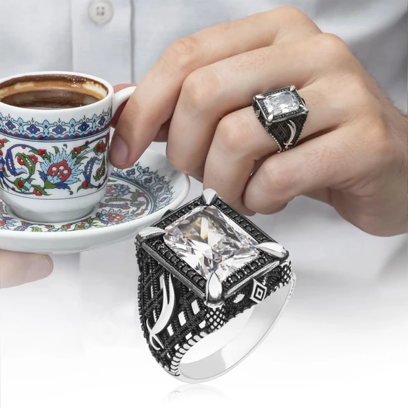 Zülfikar Desenli Beyaz Kare Zirkon Taşlı 925 Gümüş Erkek Yüzük - Resim 10