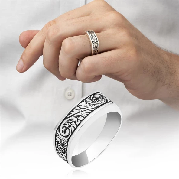 Kalem İşlemeli Motifli Gümüş Erkek Yüzük - Resim 8