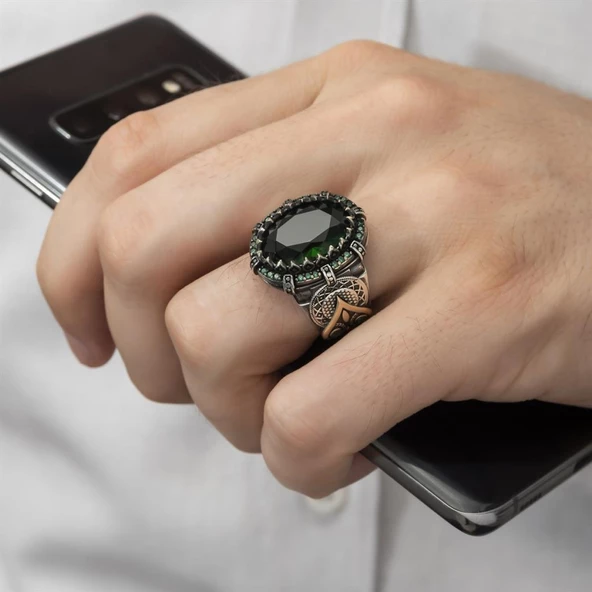 Oval Faset Kesim Yeşil Taşlı 925 Gümüş Erkek Yüzük - Resim 6