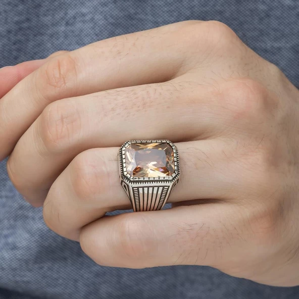 Sitrin Taşlı Yeni Tasarım 925 Gümüş Erkek Yüzük - 9