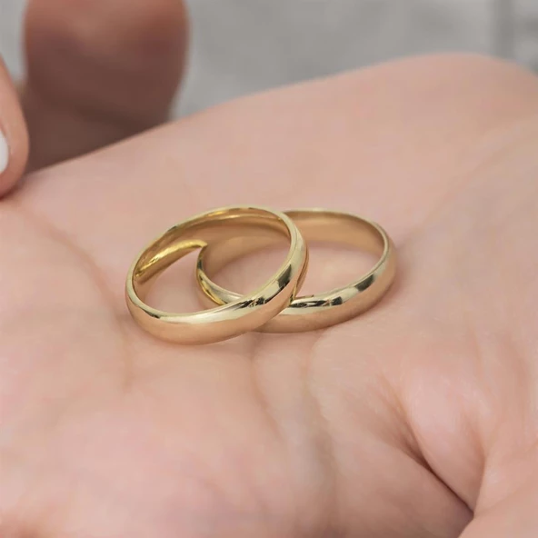 4 mm Bombeli Klasik Düz Altın Kaplama Tek Gümüş Alyans Yüzük - Resim 3