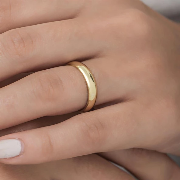 4 mm Bombeli Klasik Düz Altın Kaplama Tek Gümüş Alyans Yüzük - Resim 10