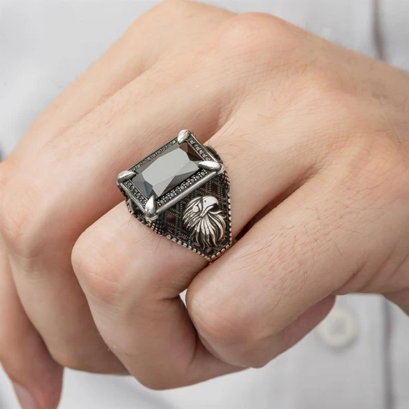Kartal Motifli Kare Siyah Taşlı 925 Gümüş Erkek Yüzük - 7