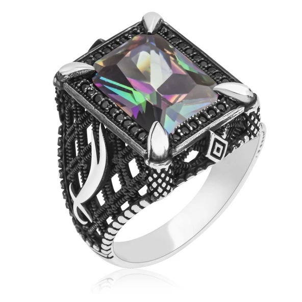 Zülfikar Desenli Kare Mistik Topaz Taşlı 925 Gümüş Erkek Yüzük - Resim 12