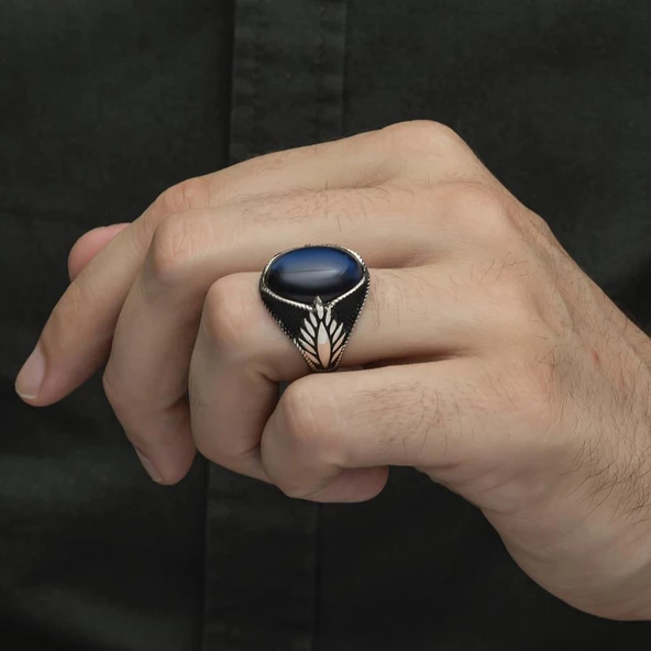 Mavi Kaplan Gözü Taşlı Oval 925 Gümüş Erkek Yüzük - Resim 7