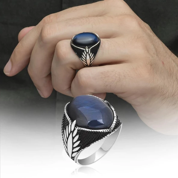 Mavi Kaplan Gözü Taşlı Oval 925 Gümüş Erkek Yüzük ürün görseli 1