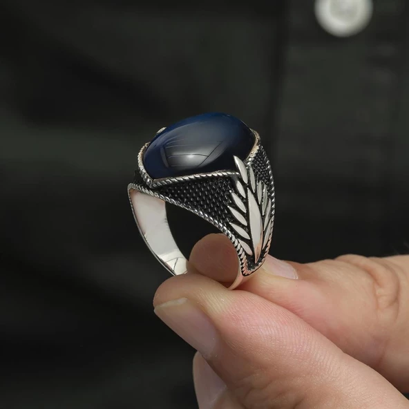 Mavi Kaplan Gözü Taşlı Oval 925 Gümüş Erkek Yüzük - Resim 8