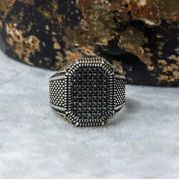 Lale Motifli Mikro Taşlı İşlemeli Gümüş Erkek Yüzük - Resim 12