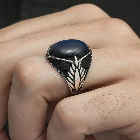 Mavi Kaplan Gözü Taşlı Oval 925 Gümüş Erkek Yüzük - Resim 3