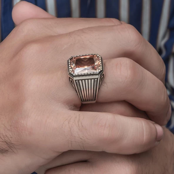 Sitrin Taşlı Yeni Tasarım 925 Gümüş Erkek Yüzük - 7