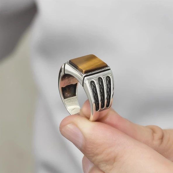 Kare Kaplan Gözü Taşlı 925 Gümüş Erkek Yüzük - Resim 6