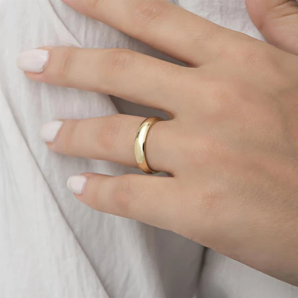 4 mm Bombeli Klasik Düz Altın Kaplama Tek Gümüş Alyans Yüzük - Resim 5