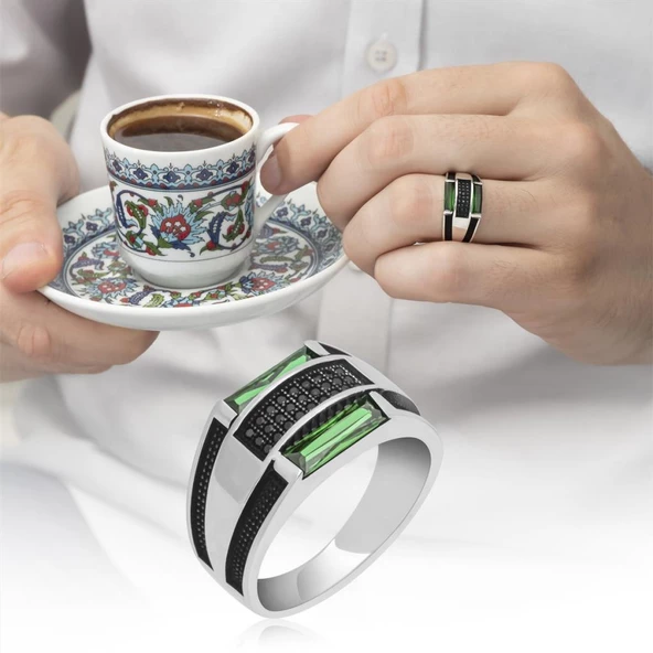Baget Yeşil Taşlı 925 Gümüş Erkek Yüzük - Resim 2