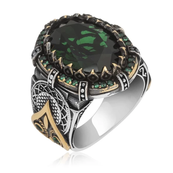 Oval Faset Kesim Yeşil Taşlı 925 Gümüş Erkek Yüzük ürün görseli 1