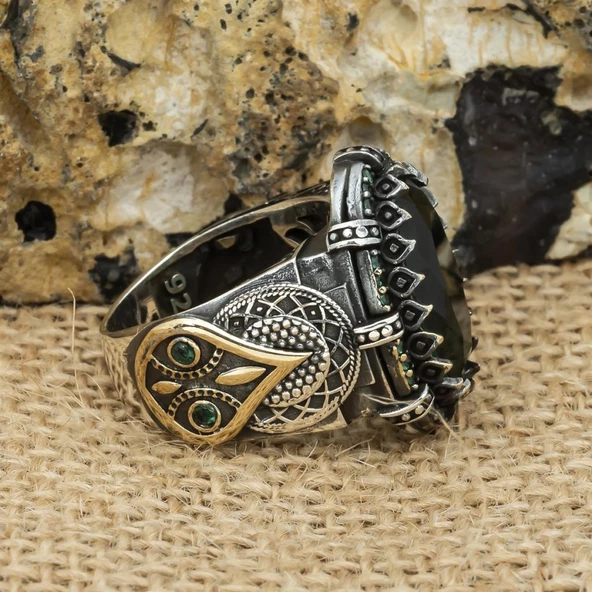 Oval Faset Kesim Yeşil Taşlı 925 Gümüş Erkek Yüzük - Resim 7