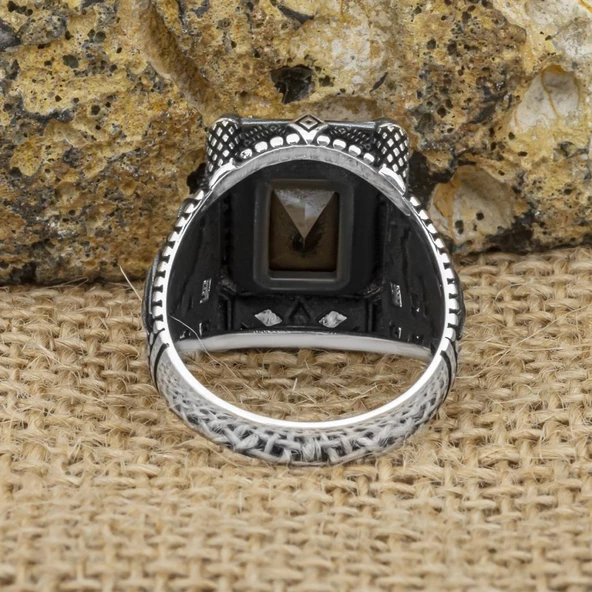 Kartal Motifli Kare Siyah Taşlı 925 Gümüş Erkek Yüzük - 3