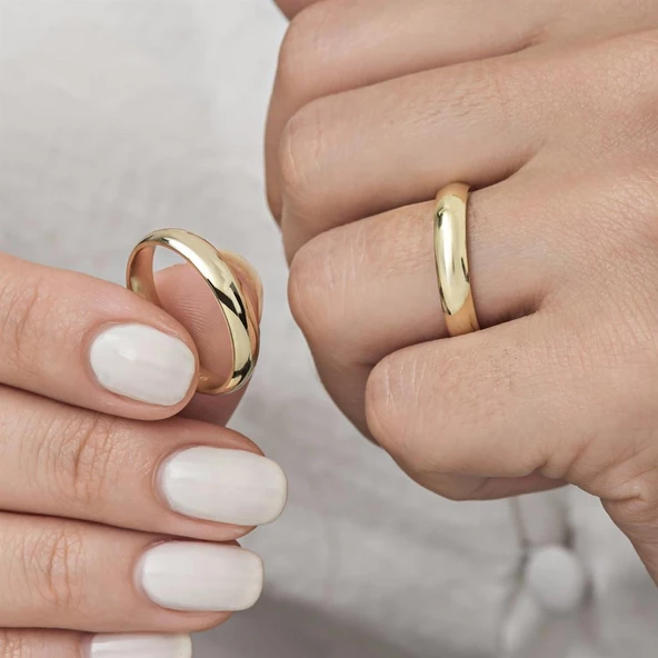 4 mm Bombeli Klasik Düz Altın Kaplama Tek Gümüş Alyans Yüzük - Resim 9