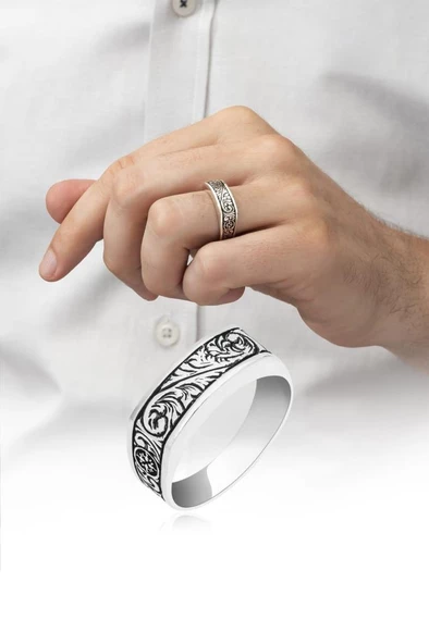 Kalem İşlemeli Motifli Gümüş Erkek Yüzük ürün görseli 1
