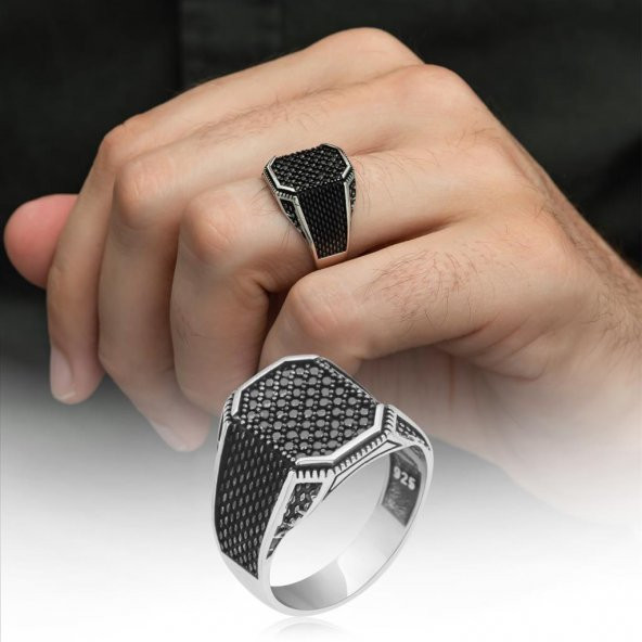 Kare Siyah Mikro Taşlı 925 Gümüş Erkek Yüzük ürün görseli 1