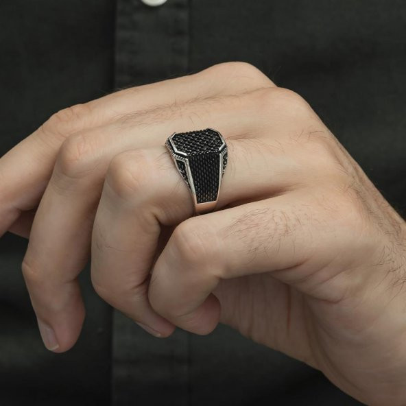 Kare Siyah Mikro Taşlı 925 Gümüş Erkek Yüzük - Resim 5