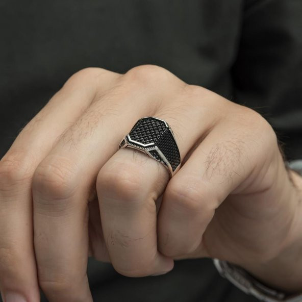 Kare Siyah Mikro Taşlı 925 Gümüş Erkek Yüzük - Resim 8