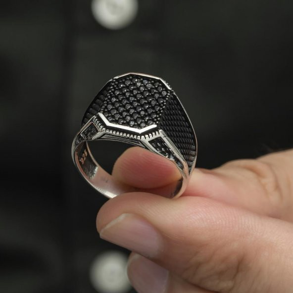 Kare Siyah Mikro Taşlı 925 Gümüş Erkek Yüzük - Resim 10