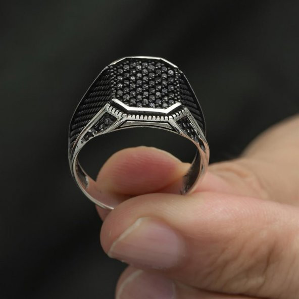 Kare Siyah Mikro Taşlı 925 Gümüş Erkek Yüzük - Resim 11