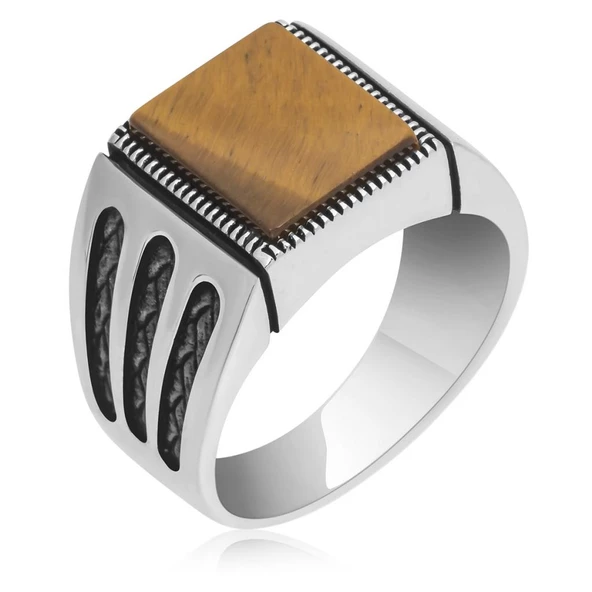 Kare Kaplan Gözü Taşlı 925 Gümüş Erkek Yüzük ürün görseli 1