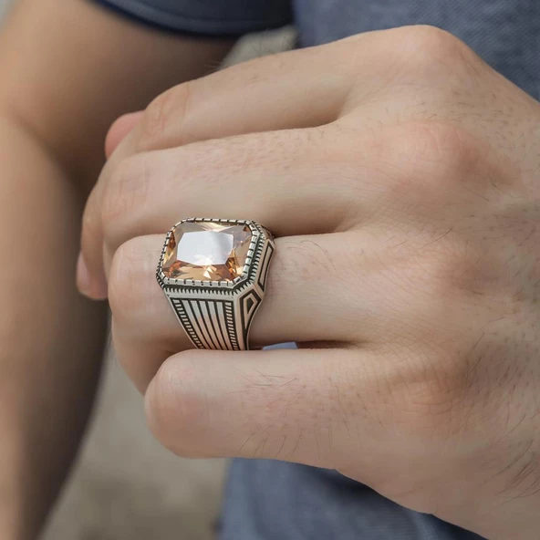 Sitrin Taşlı Yeni Tasarım 925 Gümüş Erkek Yüzük - 4