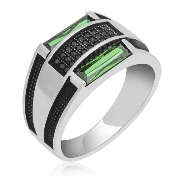 Baget Yeşil Taşlı 925 Gümüş Erkek Yüzük ürün görseli 1